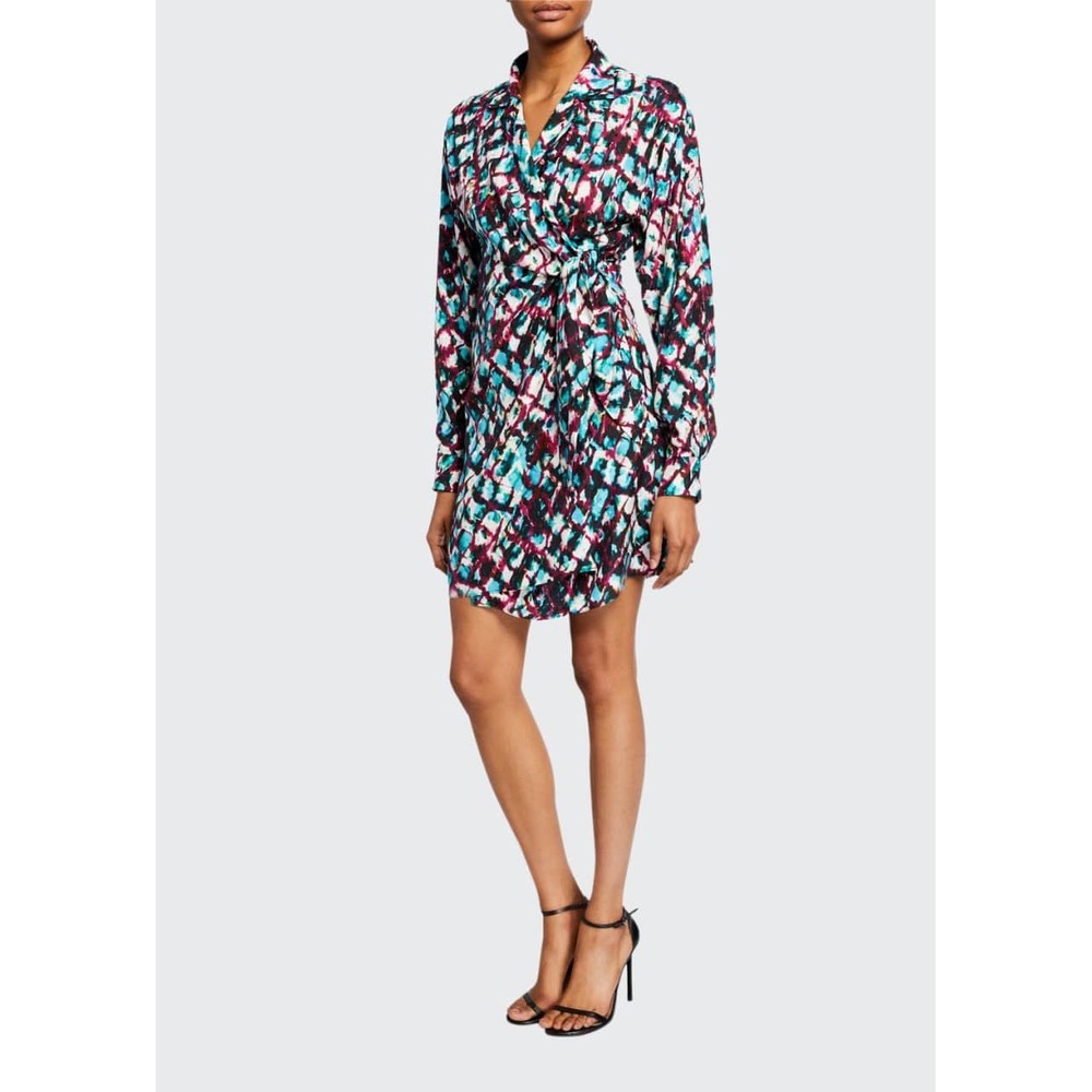SALONI Teal, Burgundy & Black Printed Long-Sleeve Wrap Dress